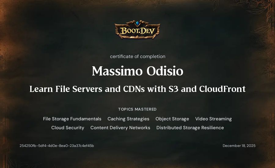 Massimo Odisio's Boot.dev Learn File Servers and CDNs with S3 and CloudFront certificate