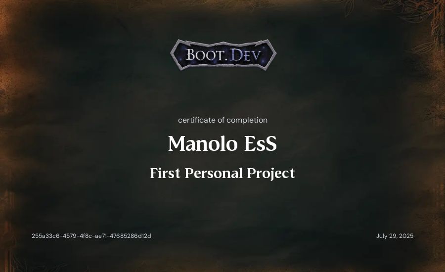 Manolo EsS's Boot.dev First Personal Project certificate