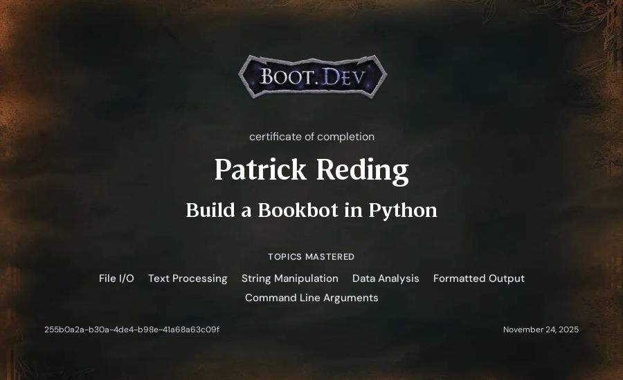 Patrick Reding's Boot.dev Build a BookBot in Python certificate