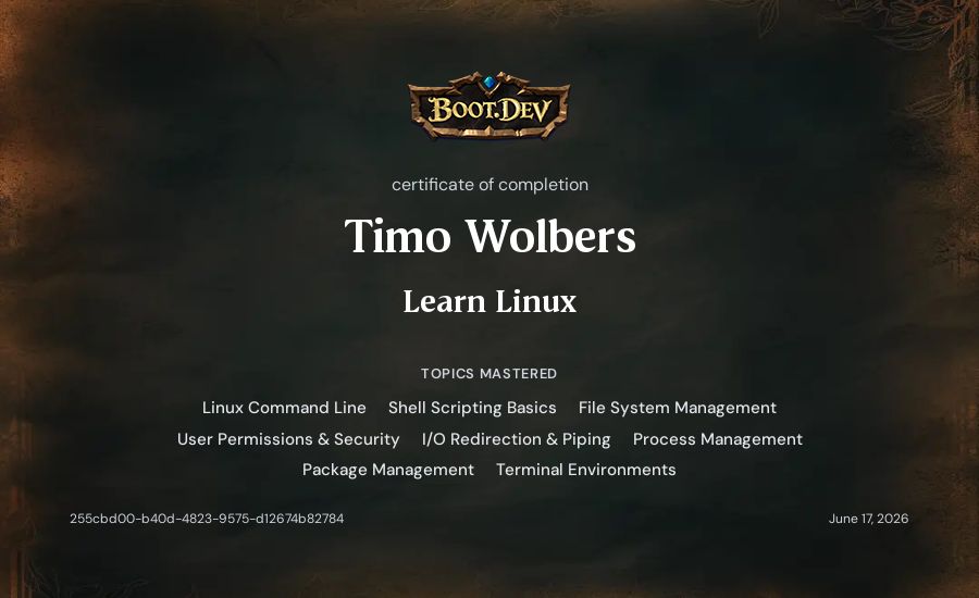 Timo Wolbers's Boot.dev Learn Linux certificate
