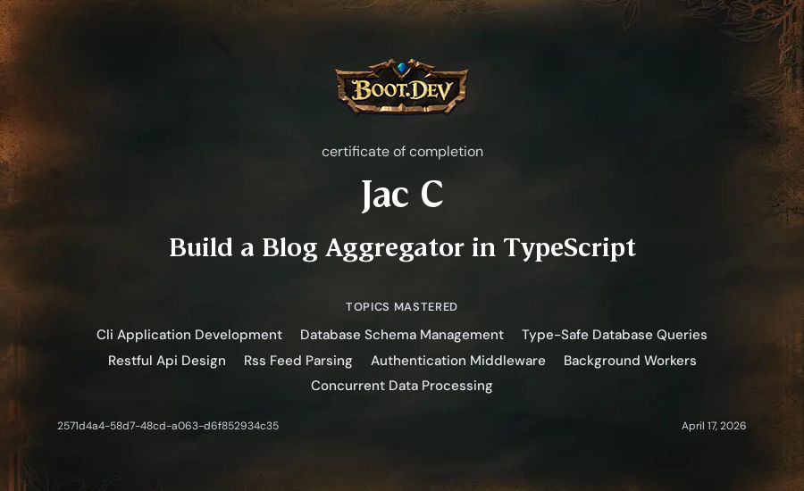 Jac C's Boot.dev Build a Blog Aggregator in TypeScript certificate