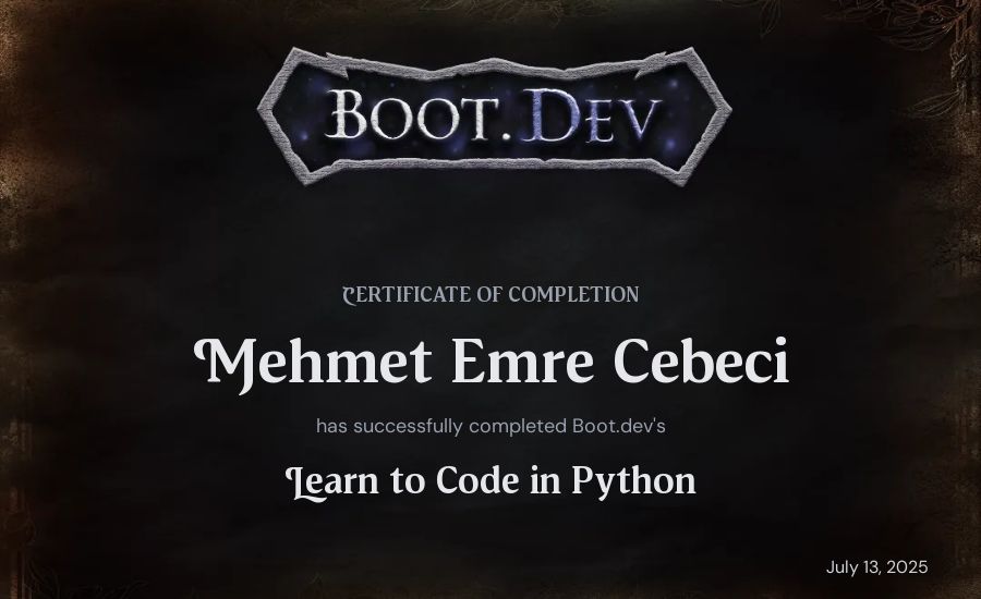 mecebeci's Boot.dev Introduction to Python Course certificate