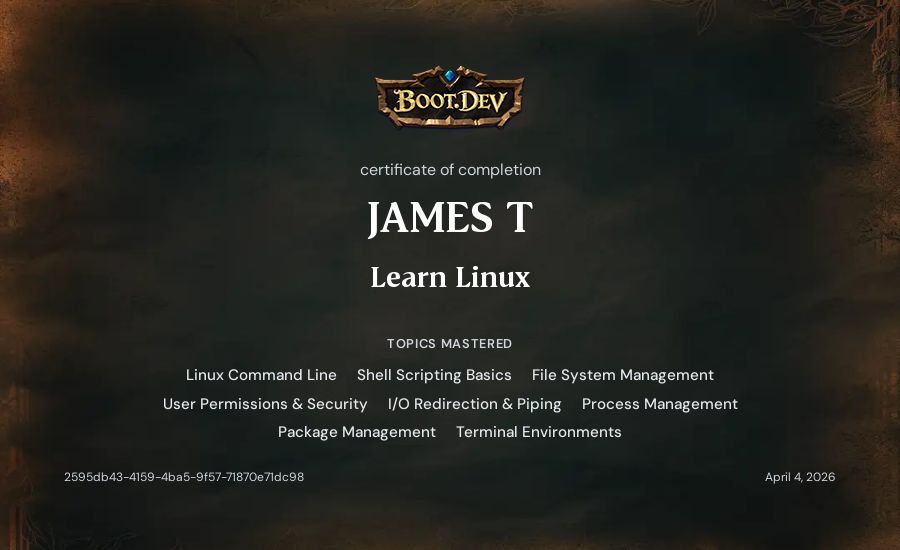 JAMES T's Boot.dev Learn Linux certificate