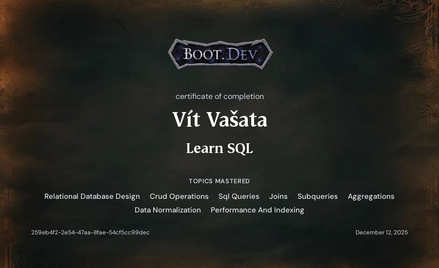Vít Vašata's Boot.dev Learn SQL certificate