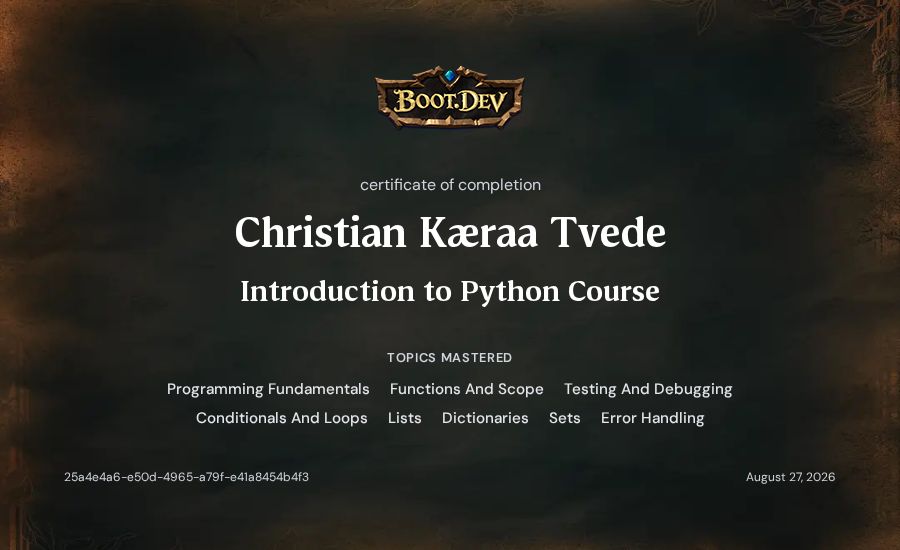 Christian Kæraa Tvede's Boot.dev Introduction to Python Course certificate