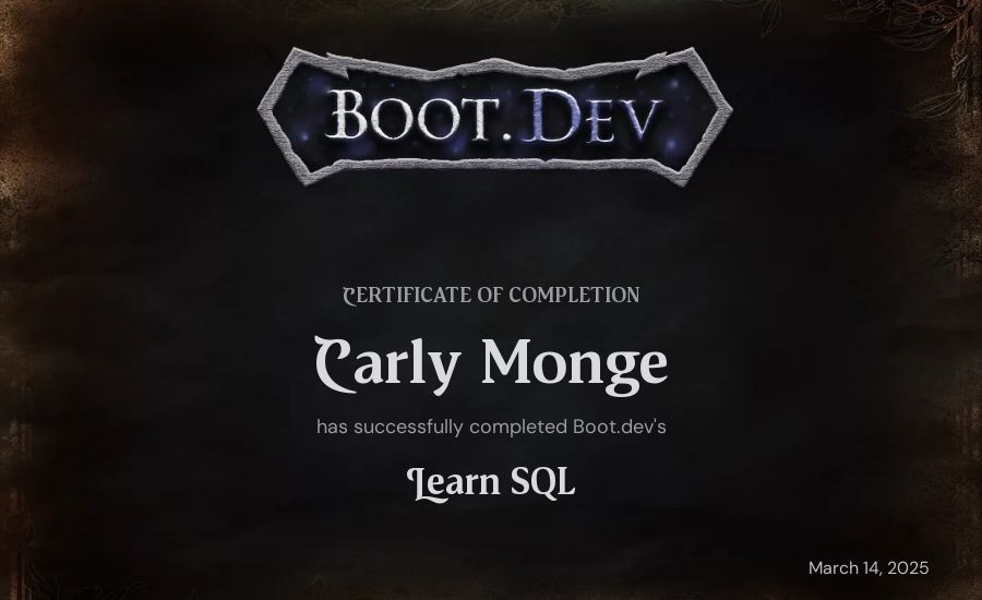 Carly Monge's Boot.dev Learn SQL certificate