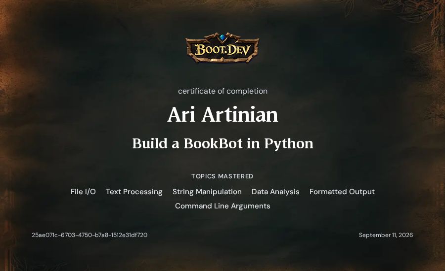 Ari Artinian's Boot.dev Build a BookBot in Python certificate