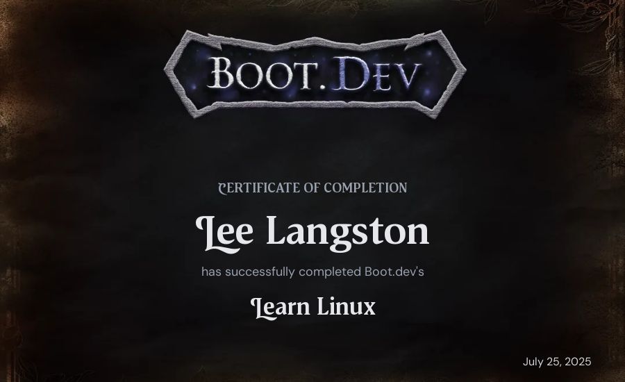Lee Langston's Boot.dev Learn Linux certificate