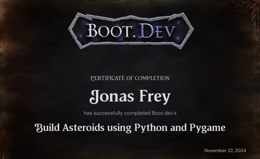 Jonas Frey's Boot.dev Build Asteroids using Python and Pygame certificate