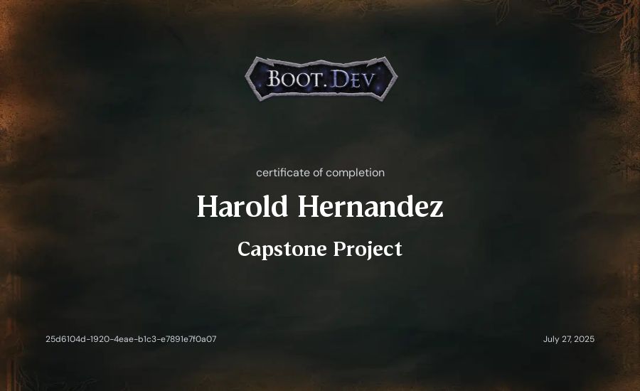Harold Hernandez's Boot.dev Capstone Project certificate