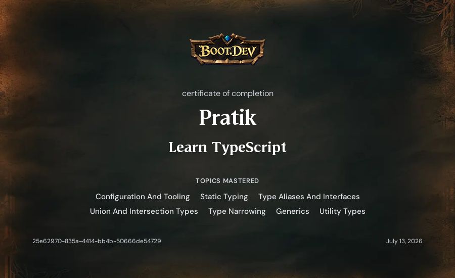 Pratik's Boot.dev Learn TypeScript certificate