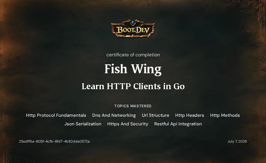 Fish Wing's Boot.dev Learn HTTP Clients in Go certificate