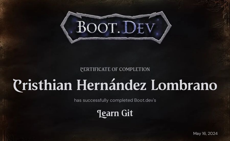 Cristhian Hernández Lombrano's Boot.dev Learn Git certificate