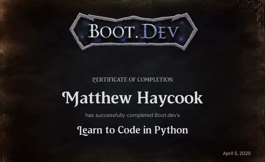 Matthew Haycook's Boot.dev Introduction to Python Course certificate