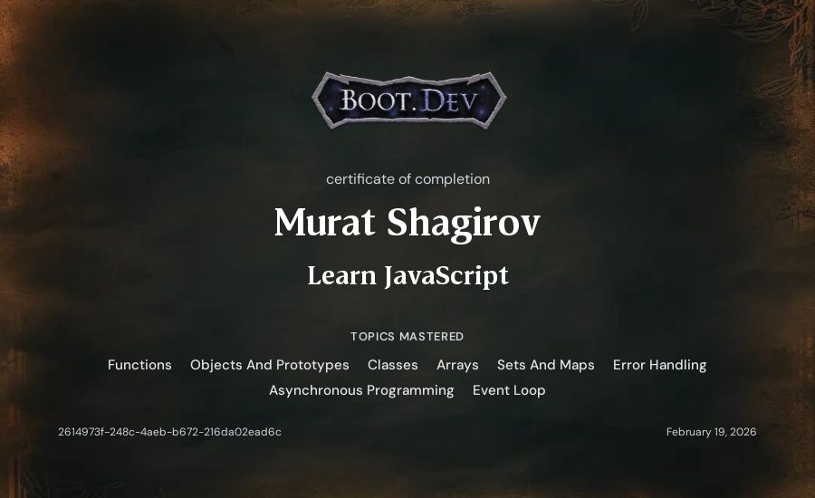 Murat Shagirov's Boot.dev Learn JavaScript certificate