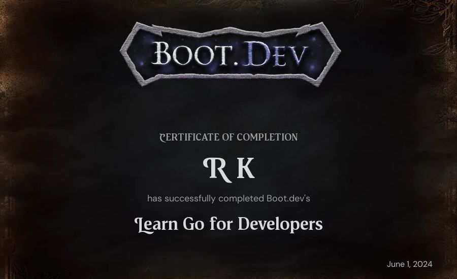 R K's Boot.dev Learn Go certificate