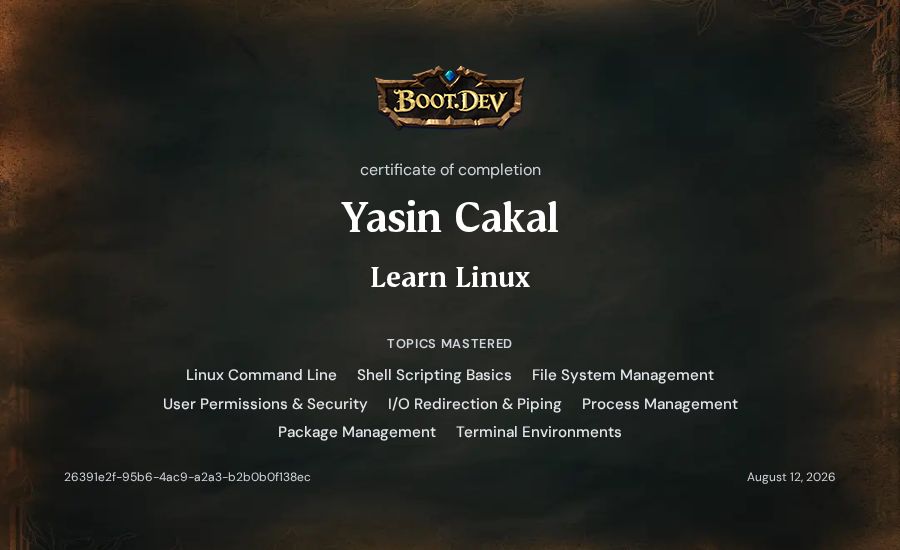 Yasin Cakal's Boot.dev Learn Linux certificate