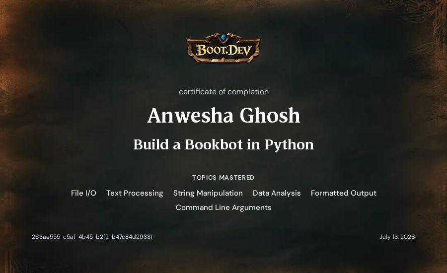 Anwesha Ghosh's Boot.dev Build a BookBot in Python certificate