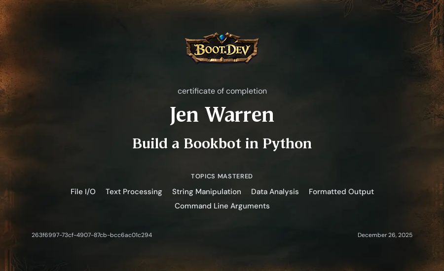 Jen Warren's Boot.dev Build a BookBot in Python certificate