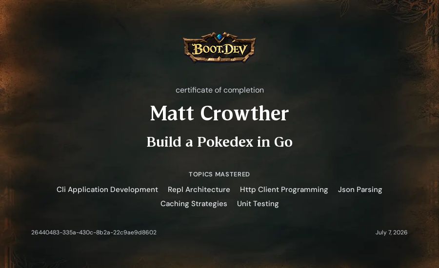 Matt Crowther's Boot.dev Build a Pokedex in Go certificate