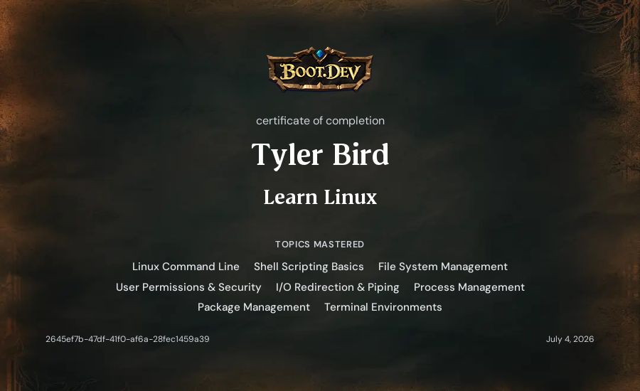 Tyler Bird's Boot.dev Learn Linux certificate