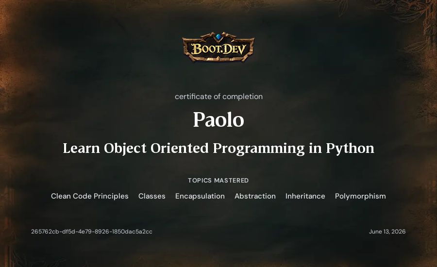Paolo's Boot.dev Learn Object Oriented Programming in Python certificate