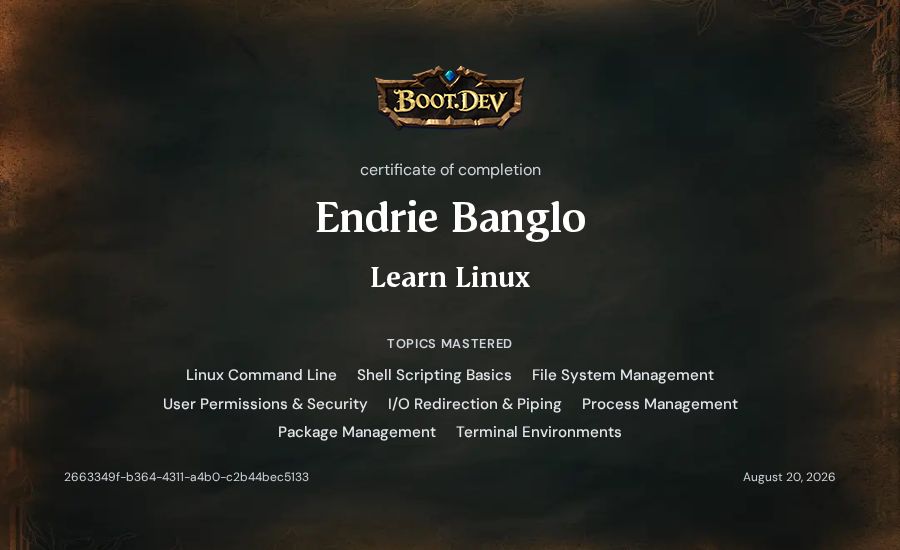 Endrie Banglo's Boot.dev Learn Linux certificate