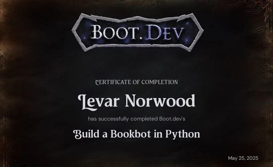 Levar's Boot.dev Build a BookBot in Python certificate