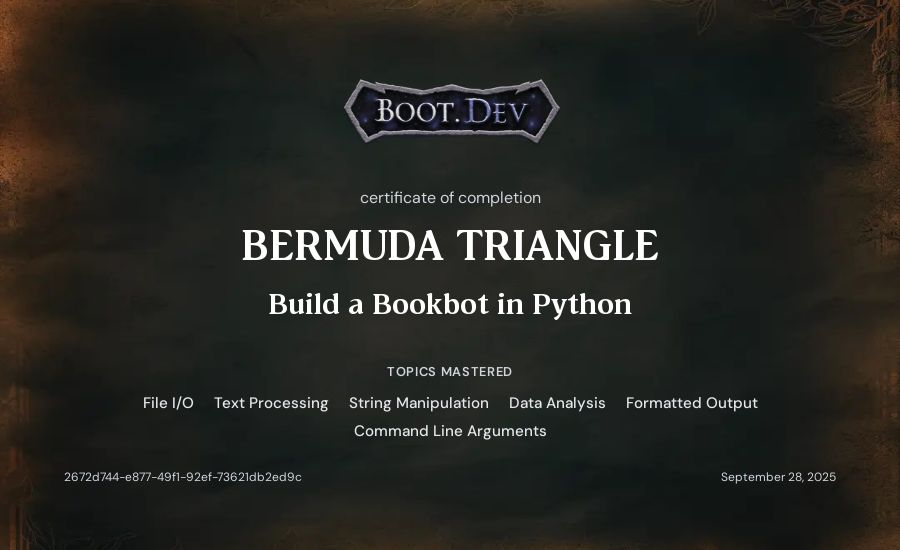 Artur Nurullin's Boot.dev Build a BookBot in Python certificate