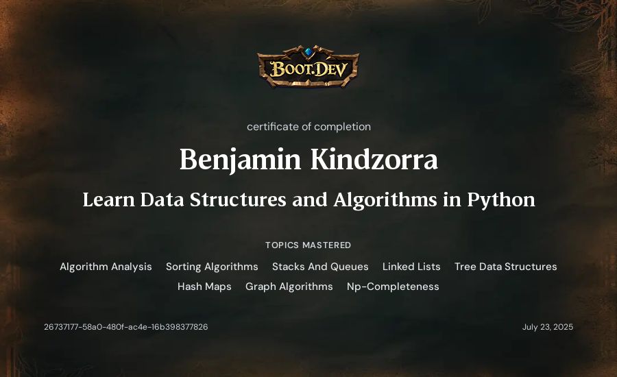 Benjamin Kindzorra's Boot.dev Learn Data Structures and Algorithms in Python certificate