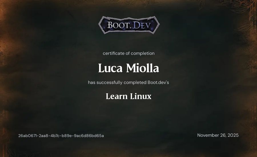Luca Miolla's Boot.dev Learn Linux certificate