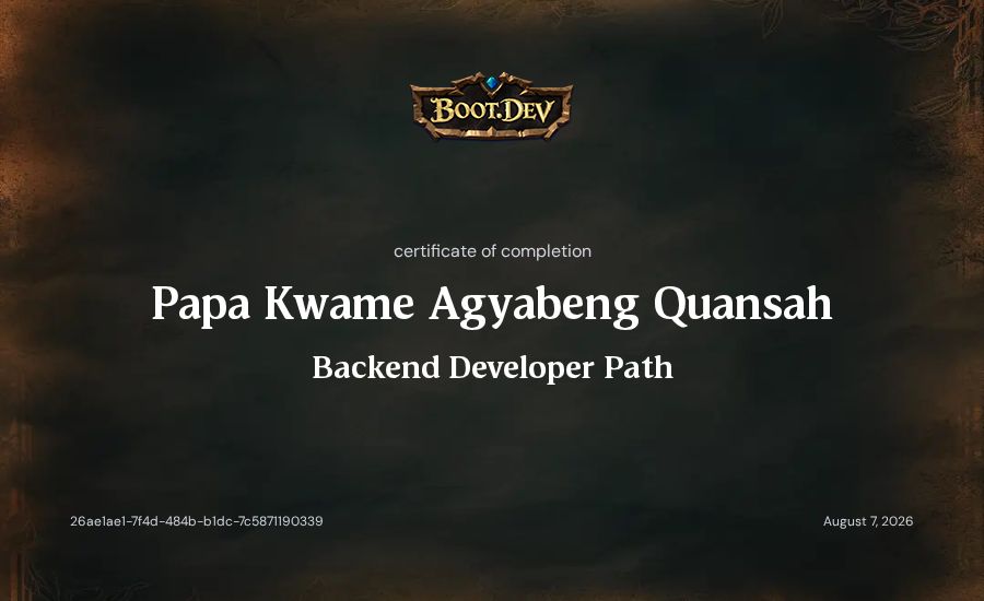 Papa Kwame Agyabeng Quansah's Boot.dev Backend Developer Path certificate