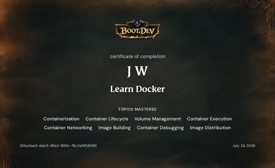 J W's Boot.dev Learn Docker certificate