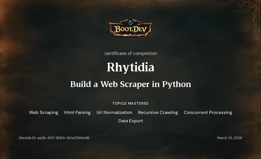 Calliergon's Boot.dev Build a Web Scraper in Python certificate