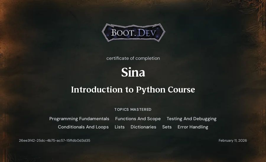 Sina's Boot.dev Introduction to Python Course certificate