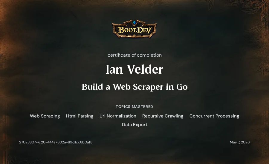 Ian Velder's Boot.dev Build a Web Scraper in Go certificate