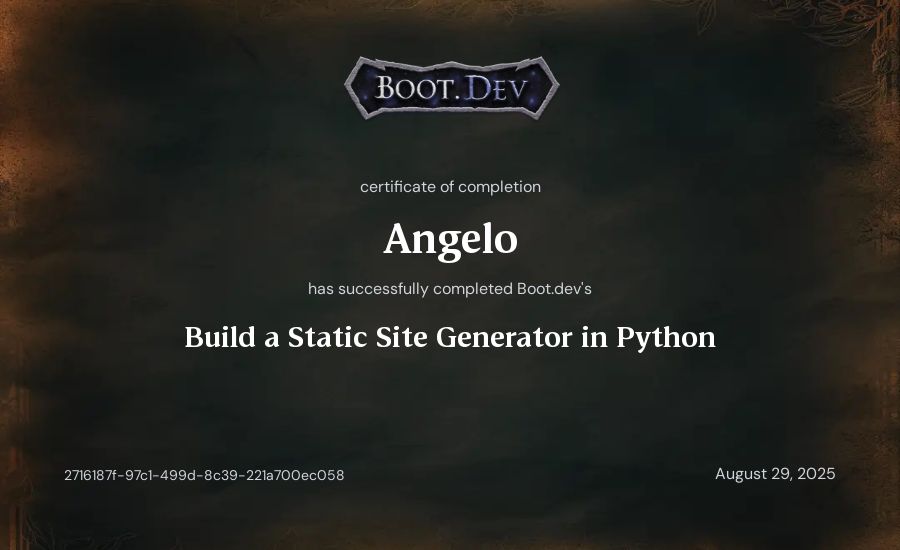 Angelo's Boot.dev Build a Static Site Generator in Python certificate