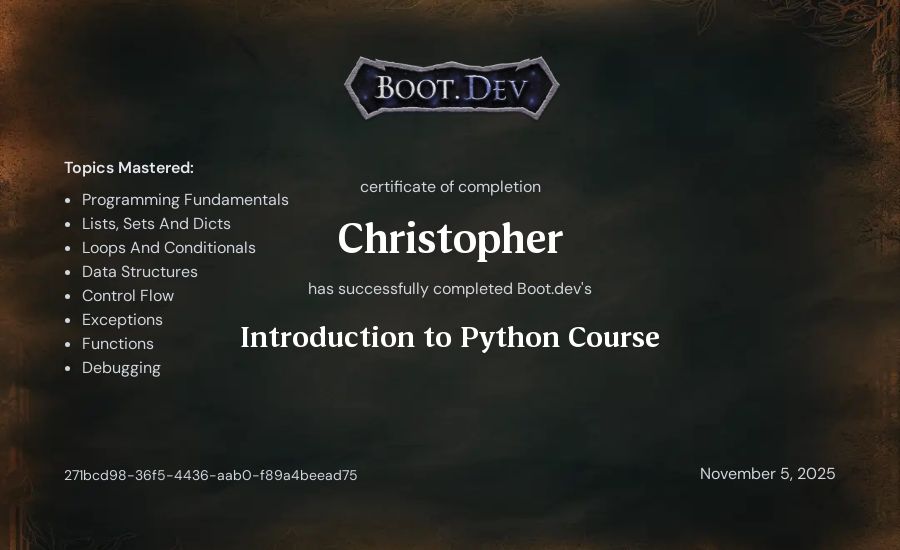 Christopher's Boot.dev Introduction to Python Course certificate
