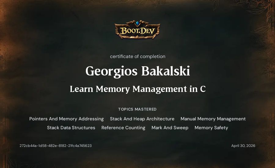 Georgios Bakalski's Boot.dev Learn Memory Management in C certificate