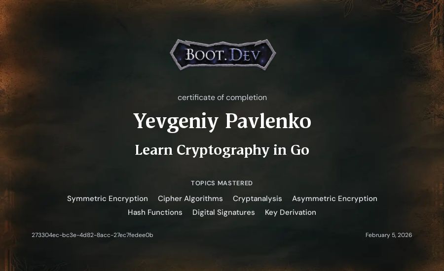 Yevgeniy Pavlenko's Boot.dev Learn Cryptography in Go certificate
