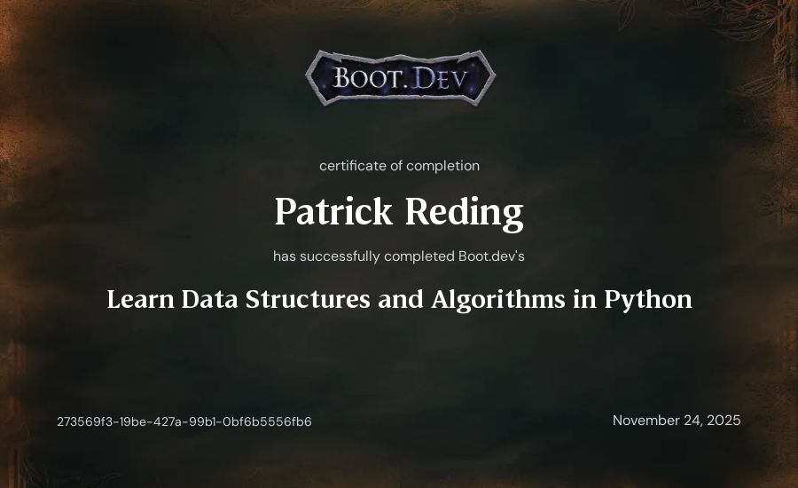 Patrick Reding's Boot.dev Learn Data Structures and Algorithms in Python certificate