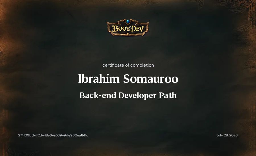 Ibrahim Somauroo's Boot.dev Backend Developer Path certificate