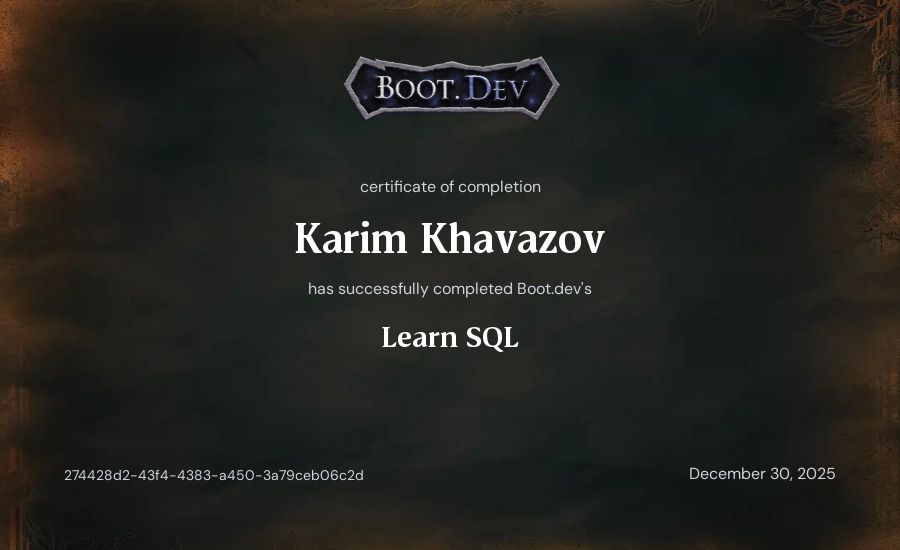 Karim Khavazov's Boot.dev Learn SQL certificate