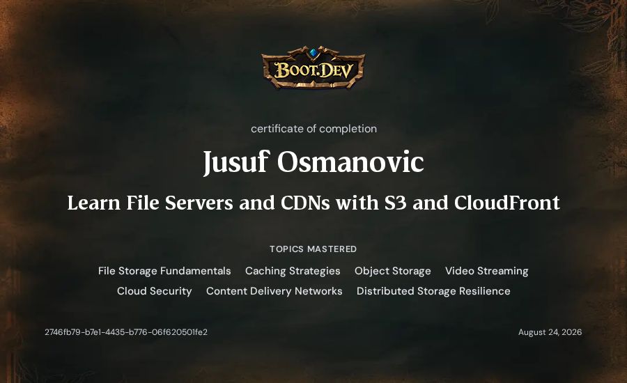 Jusuf Osmanovic's Boot.dev Learn File Servers and CDNs with S3 and CloudFront certificate