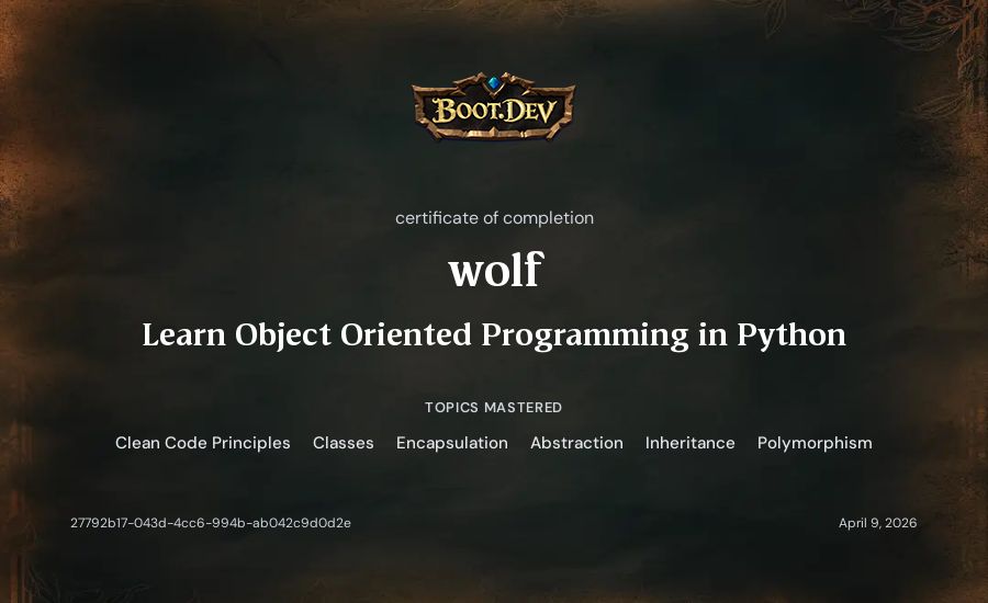 Eklavya Sood's Boot.dev Learn Object Oriented Programming in Python certificate