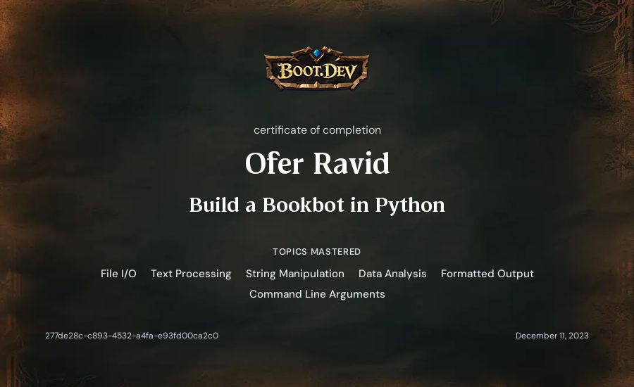 Ofer Ravid's Boot.dev Build a BookBot in Python certificate