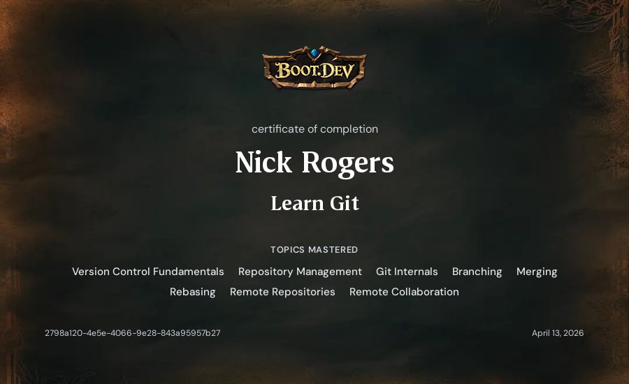 Nick Rogers's Boot.dev Learn Git certificate