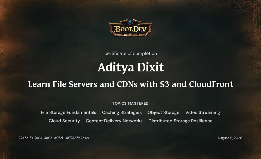 Aditya Dixit's Boot.dev Learn File Servers and CDNs with S3 and CloudFront certificate