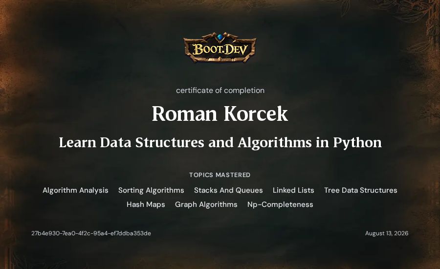 Roman Korcek's Boot.dev Learn Data Structures and Algorithms in Python certificate