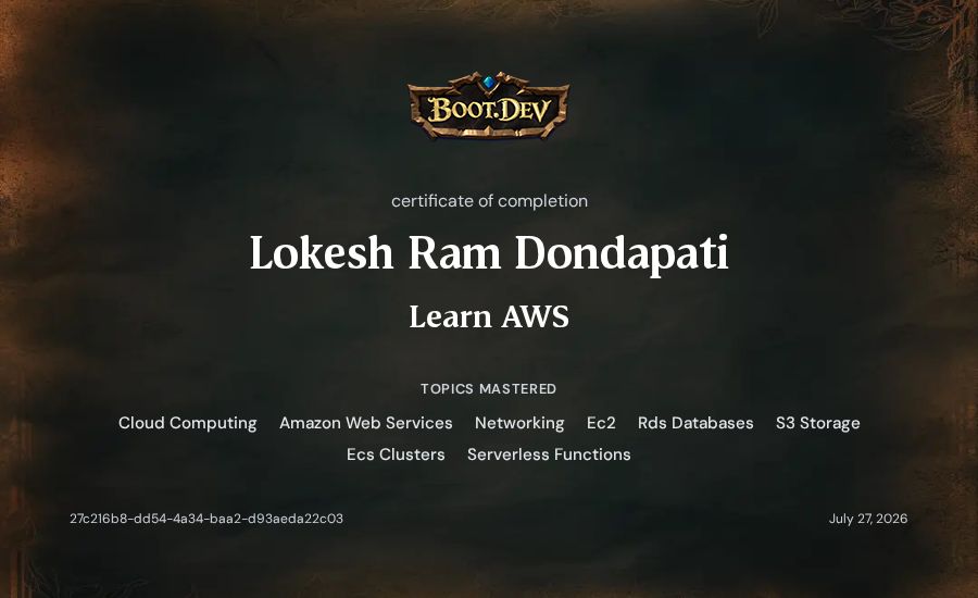 Lokesh Ram Dondapati's Boot.dev Learn AWS certificate